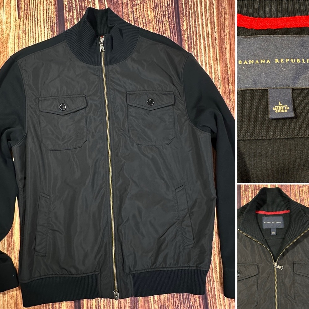 BANANA REPUBLIC MENS L ZIP UP SWEATER JACKET LONG SLEEVE MOCK NECK BLACK BOMBER